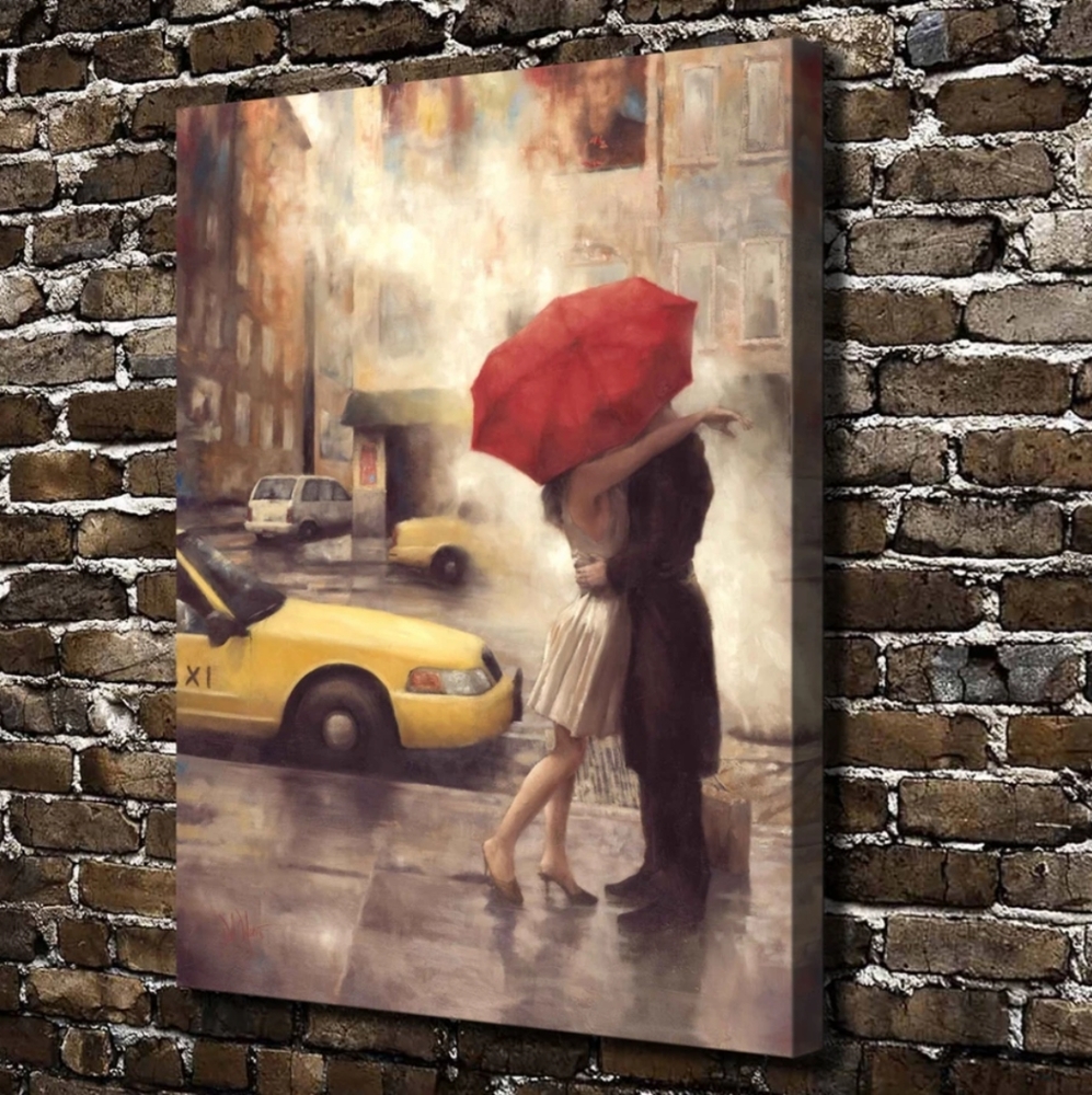 Art Paint Kissing Under Umbrella In New York Romantic Couple Sweet Love Picture
